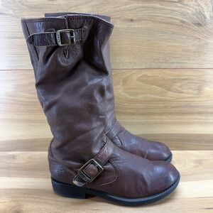 Frye Buckle Biker Boots Boys Youth Size 3 Brown Soft Leather Mid Calf